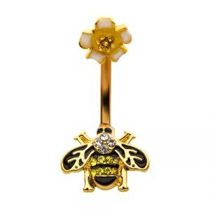 BUMBLE BEE FLOWER GOLD PLATED BELLY BUTTON RING NAVEL RING 14 GAUGE NON DANGLE